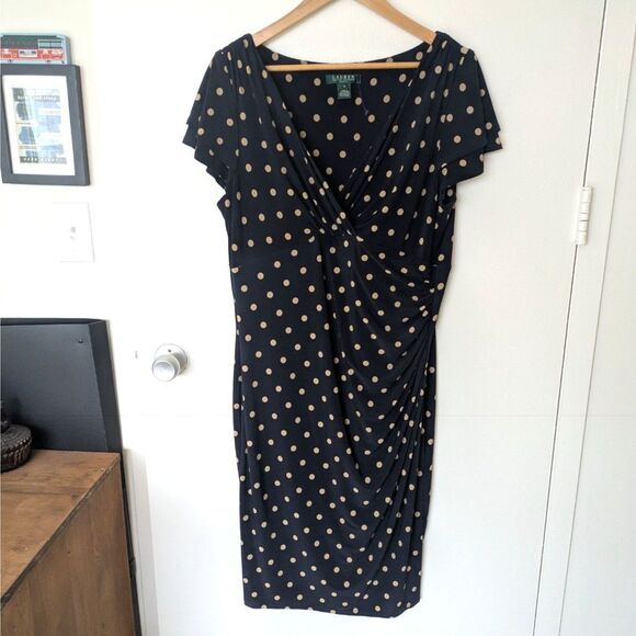 Lauren by Ralph Lauren Polka Dot Midi Wrap Dress w/ Flutter Sleeves Sz 16 - Picture 2 of 9